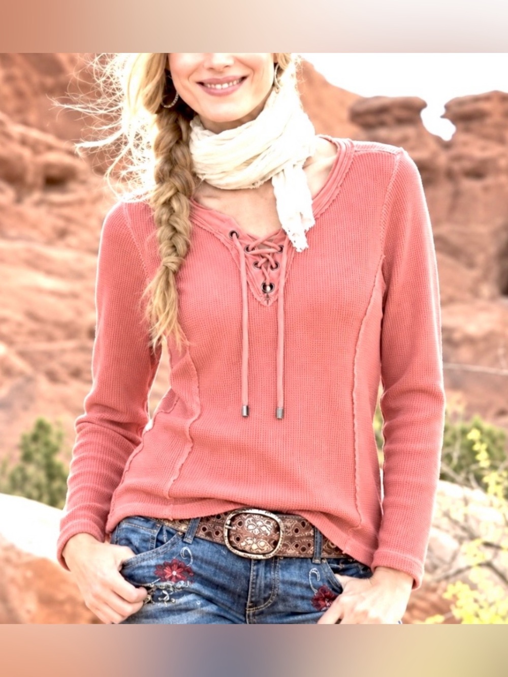 SUNDANCE LACE UP HENLEY THERMAL TOP S RAW HEM WAFFLE WEAVE WARM WINTER PREPPY